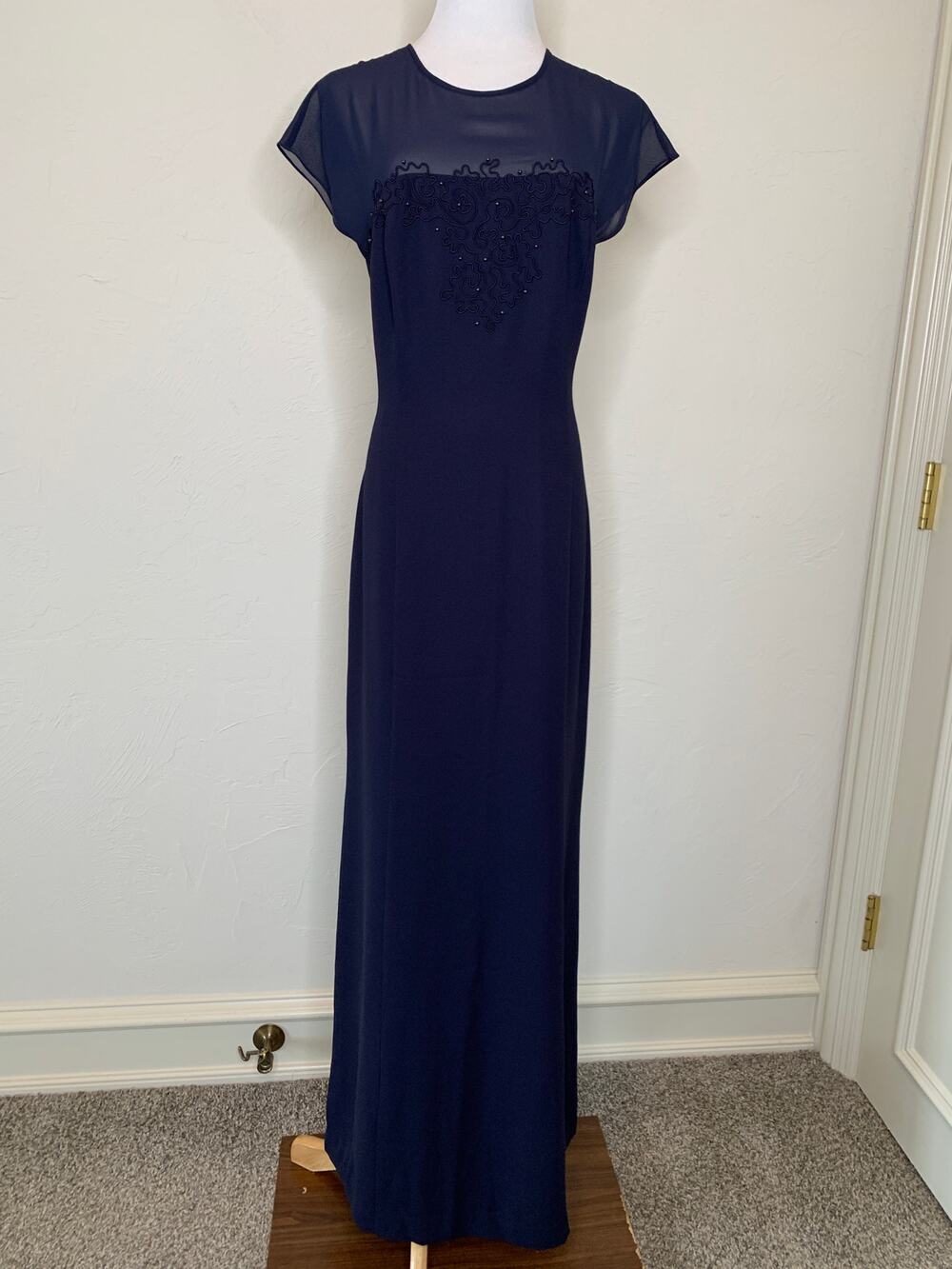 Donna Morgan Navy Blue Formal Maxi Dress Sz 10 Sheer Neckline